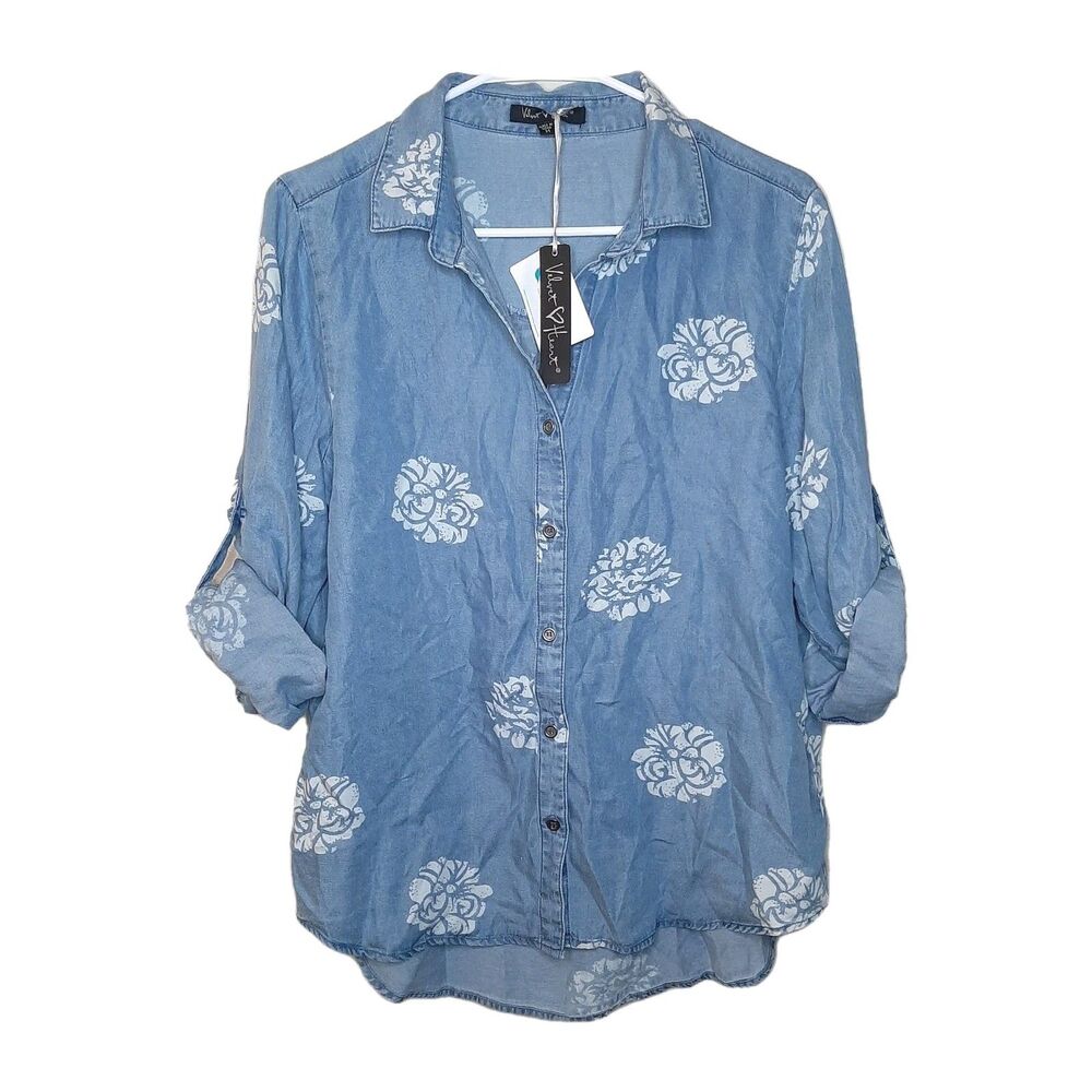 NEW Velvet Heart Shirt Blue Women Size M 100% Tencel Roll Tab Sleeve